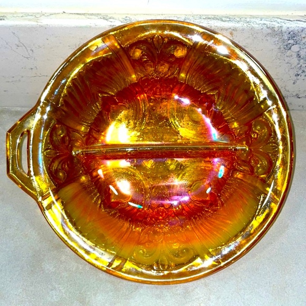 Carnival Glass Iridescent Marigold Divided Relish Dish with Handle Indiana Glass
